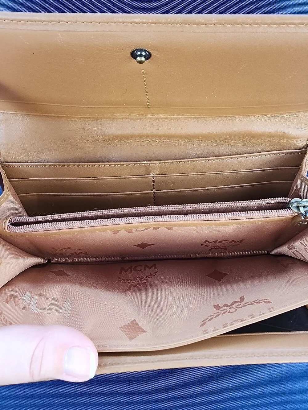MCM Cognac Visetos Continental Wallet with Brown Center Stripe